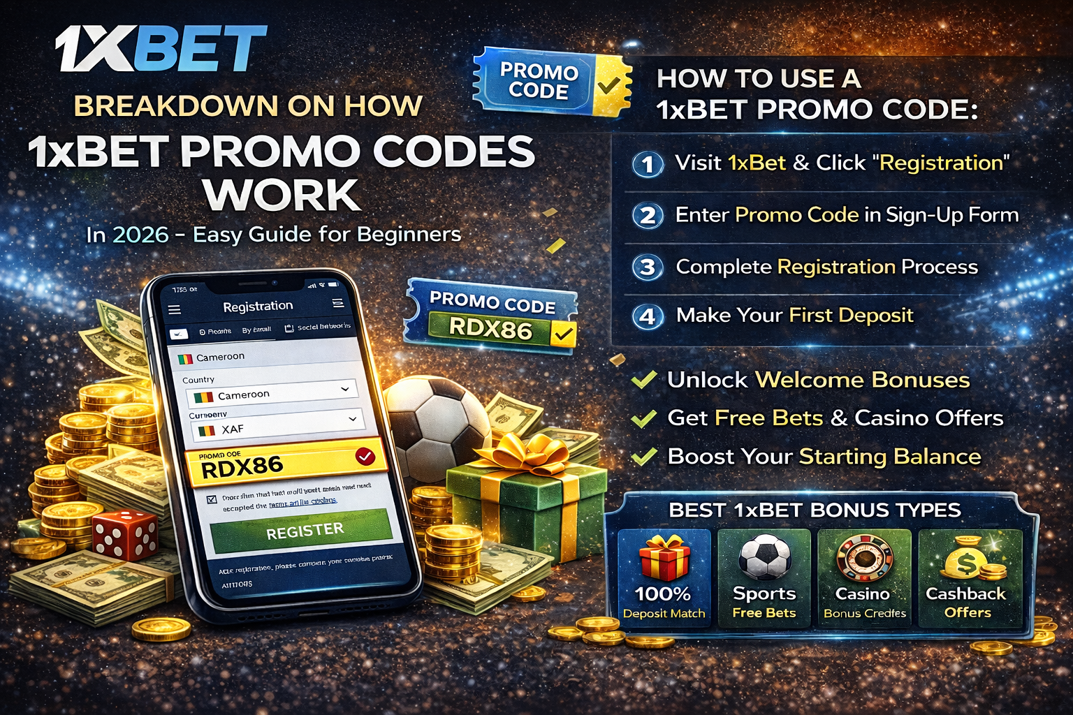 Breakdown infographic explaining how 1xBet promo codes work, including registration steps, bonus activation, deposit match, and wagering requirements.
