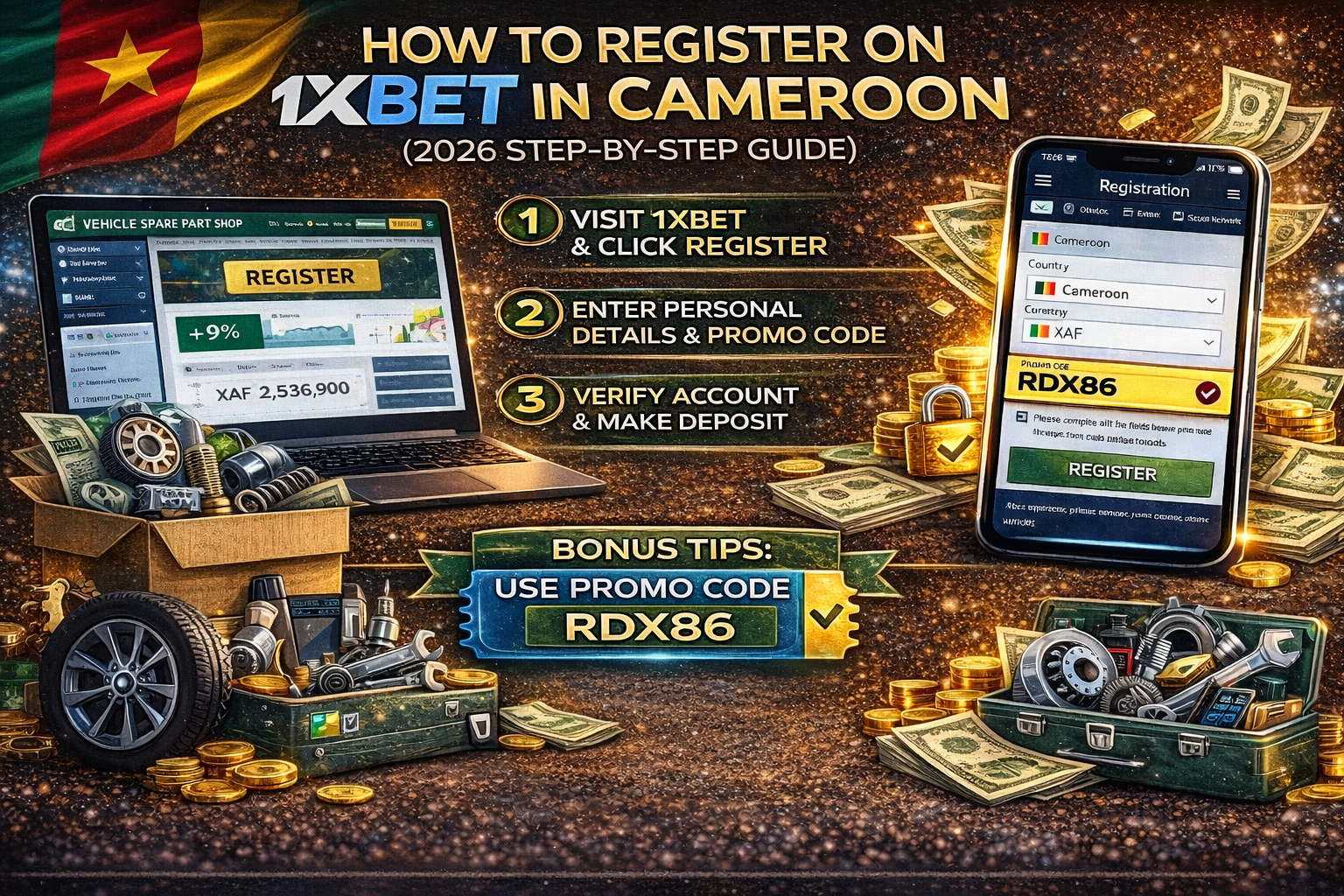 How to register on 1xBet in Cameroon 2026 step by step guide with promo code, account verification and deposit methods
