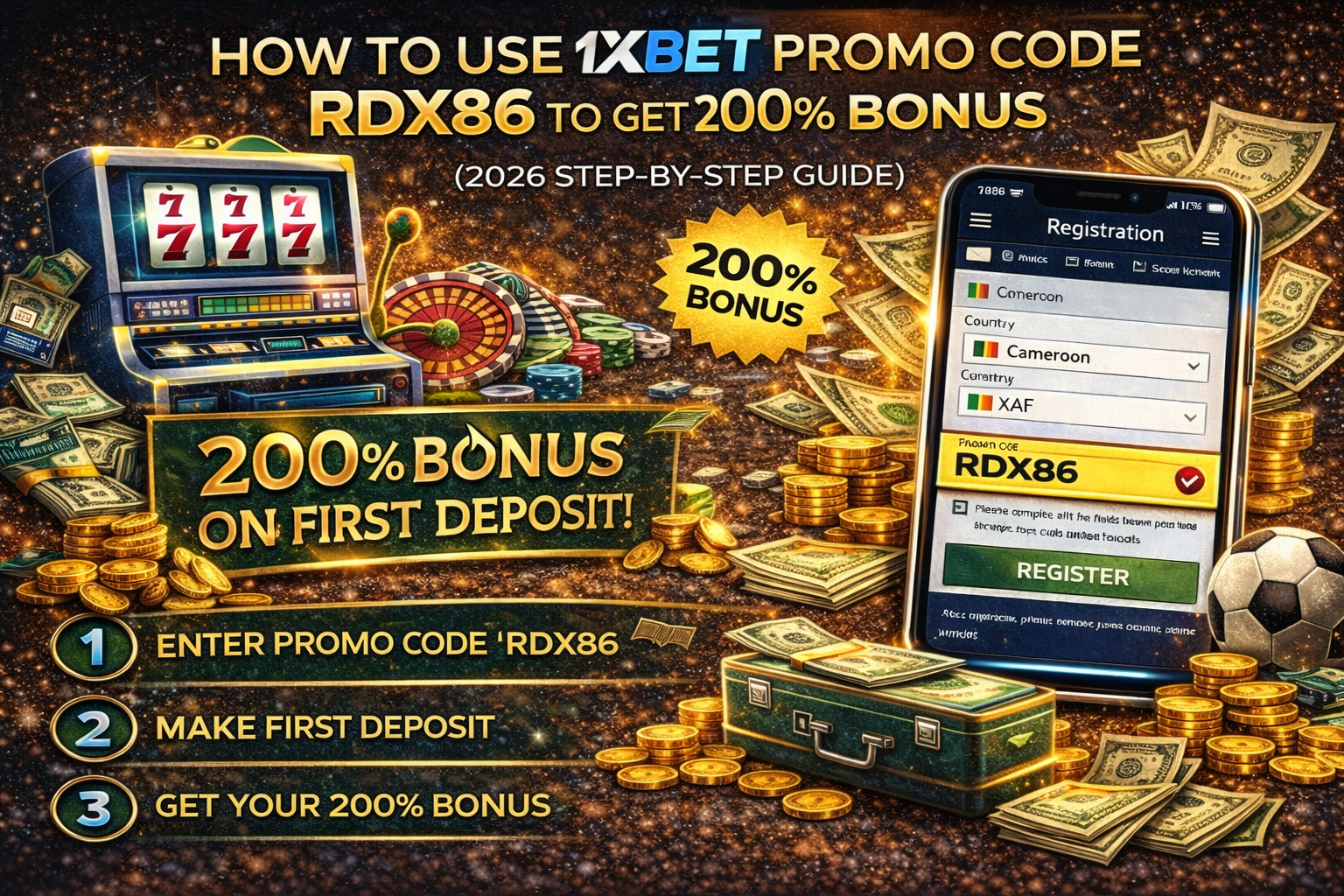 How to use 1xBet promo code RDX86 to get 200% welcome bonus step by step registration and deposit guide 2026