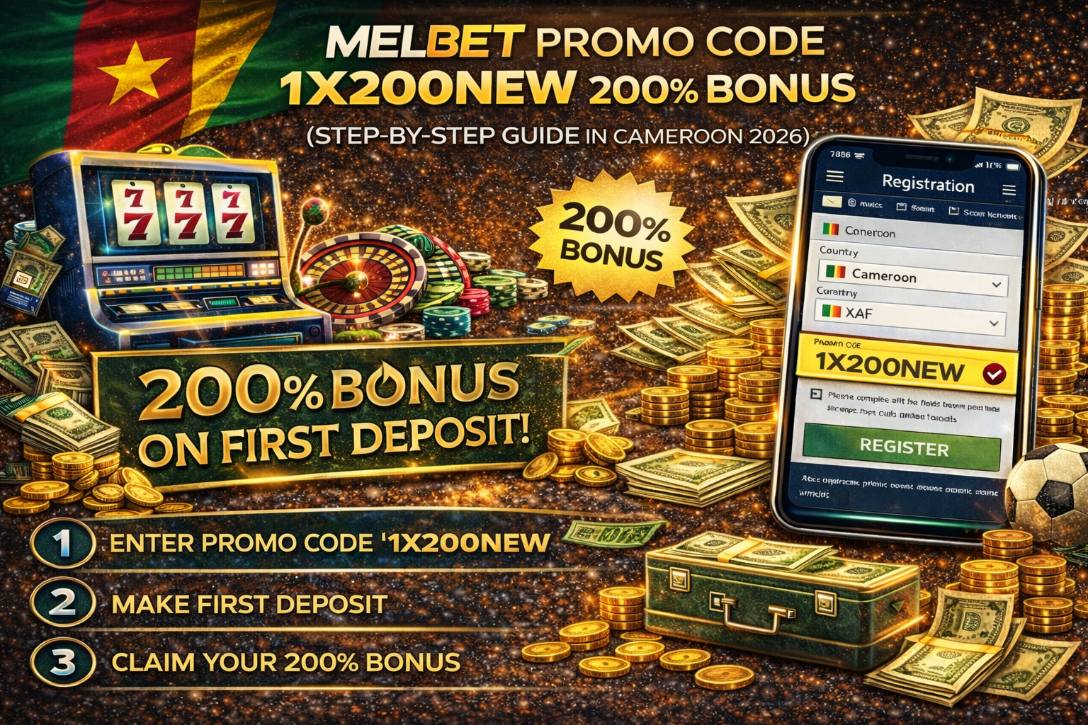 Melbet promo code 1X200NEW 200% welcome bonus registration and first deposit guide in Cameroon 2026