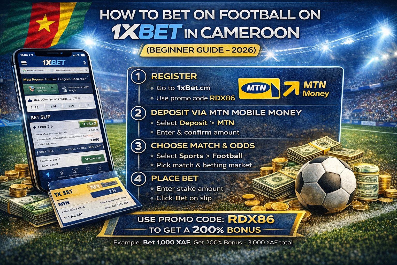 How to bet on football on 1xBet in Cameroon beginner guide showing MTN Mobile Money deposit and step by step betting process
