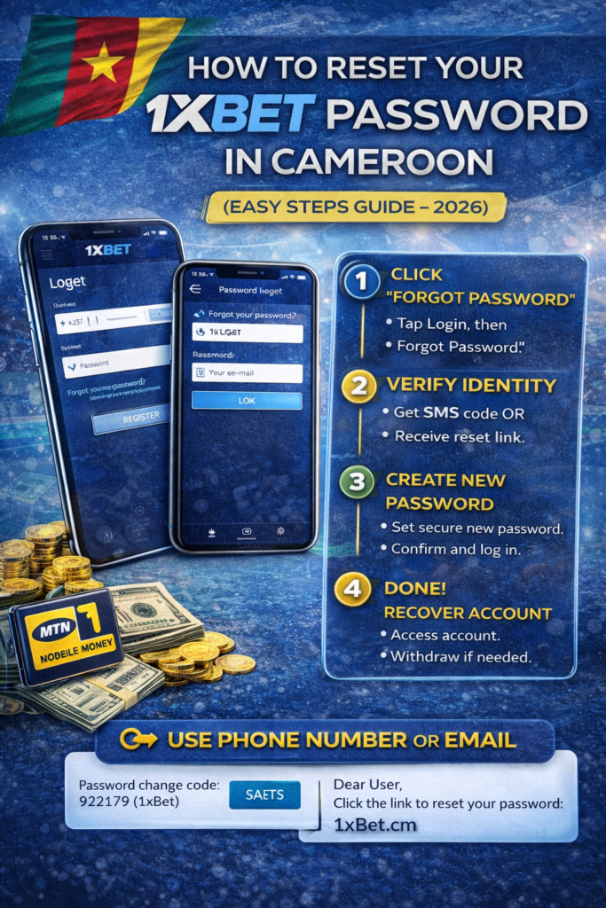 How to reset your 1xBet password in Cameroon step by step guide showing forgot password process via phone number and email recovery
