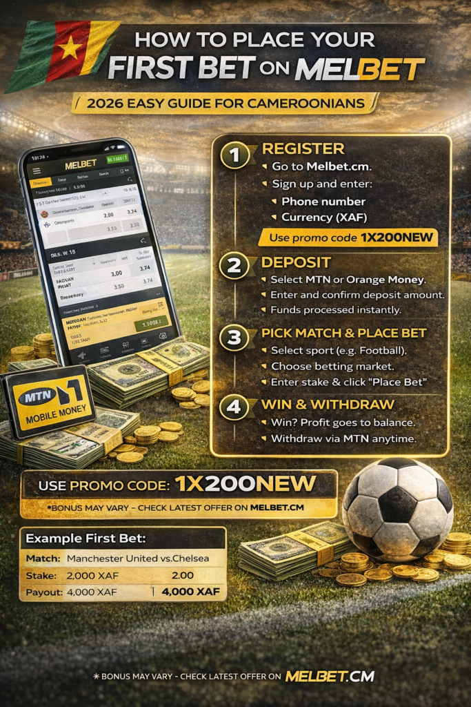 How to place your first bet on Melbet in Cameroon using promo code 1X200NEW via MTN Mobile Money 2026 guide