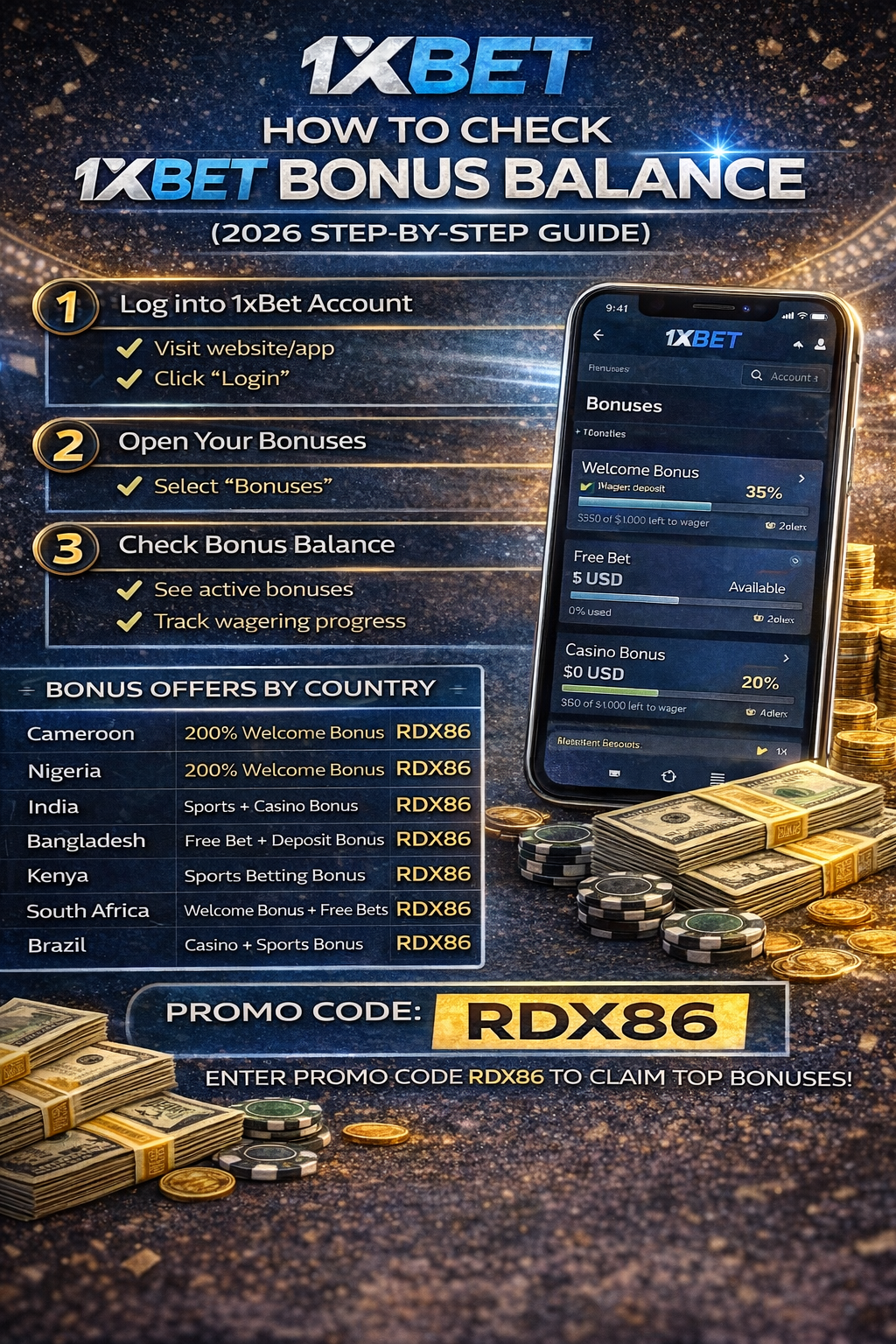 1xBet bonus balance guide showing how to check active bonuses and wagering progress using promo code RDX86