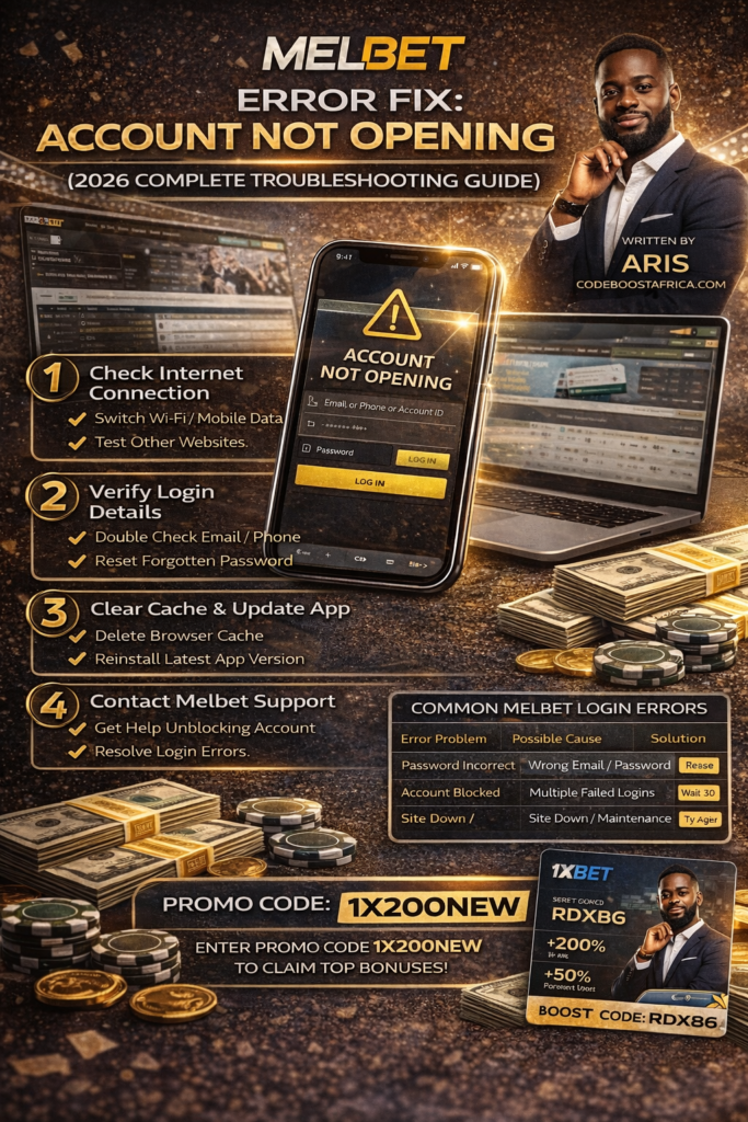 Melbet account not opening troubleshooting guide showing login fixes and steps to restore access