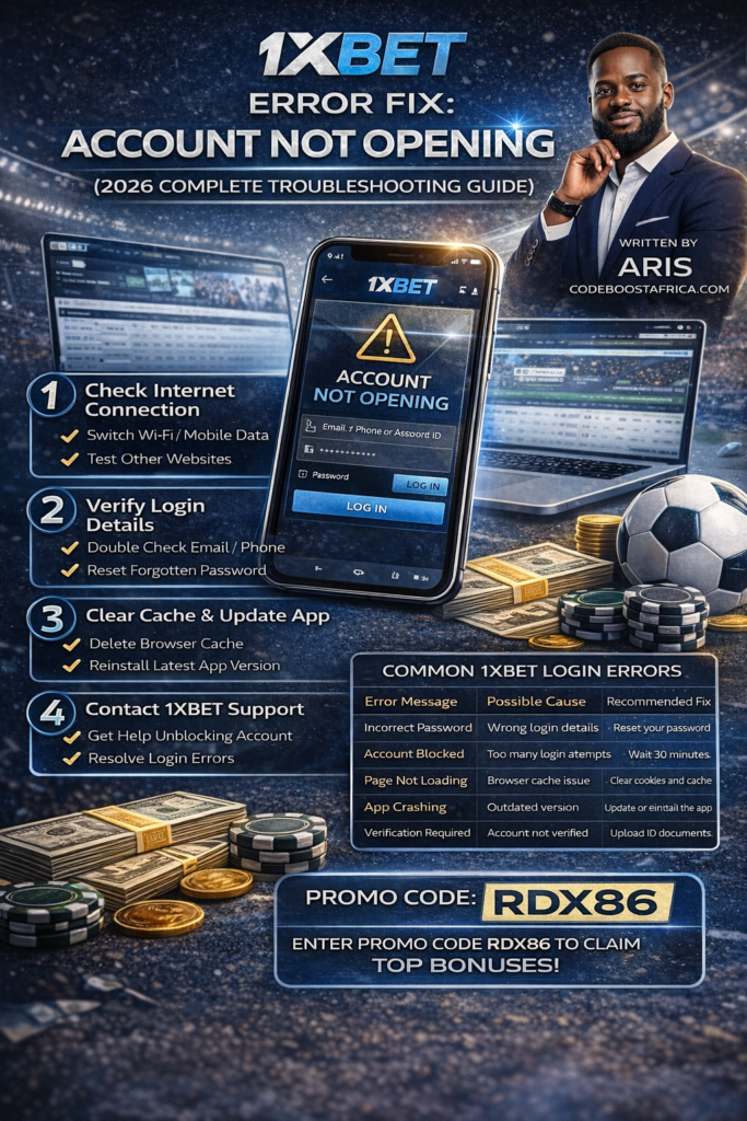 1xbet account not opening troubleshooting guide showing steps to fix login errors