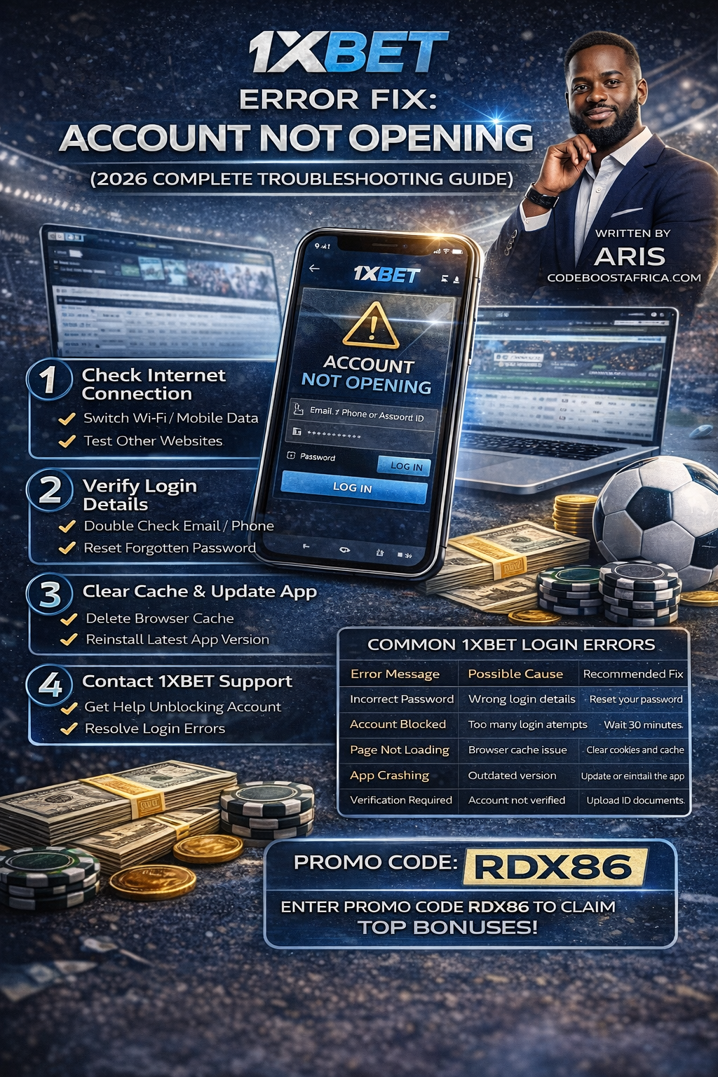 1xbet account not opening troubleshooting guide showing steps to fix login errors