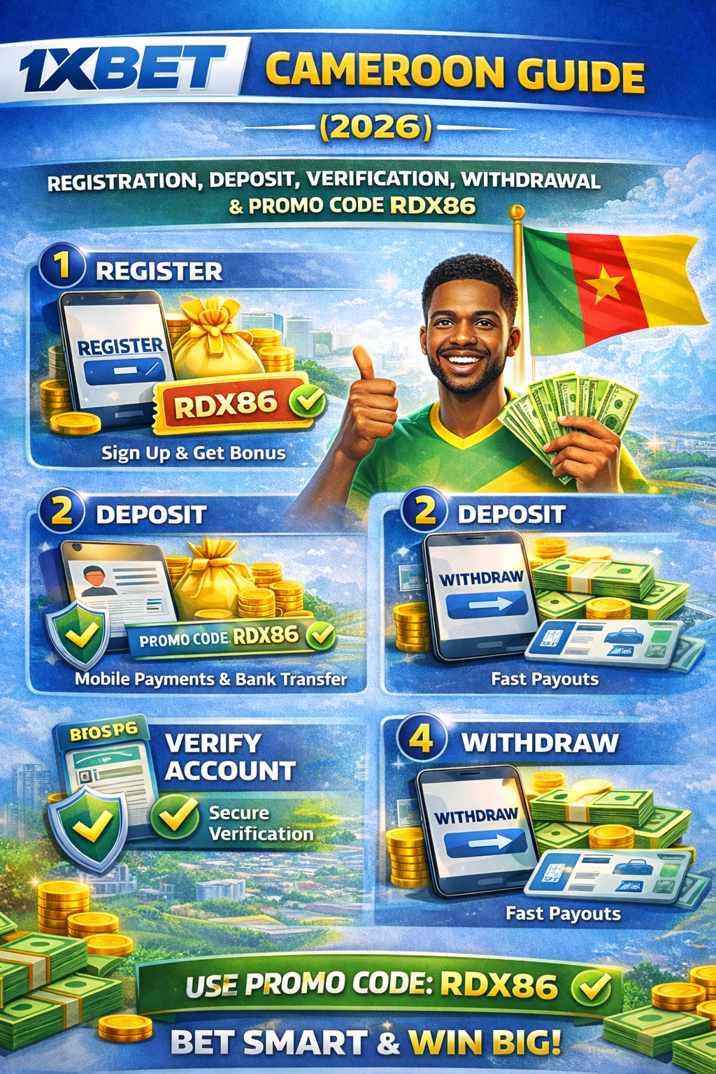 1xbet cameroon guide registration deposit withdrawal promo code RDX86