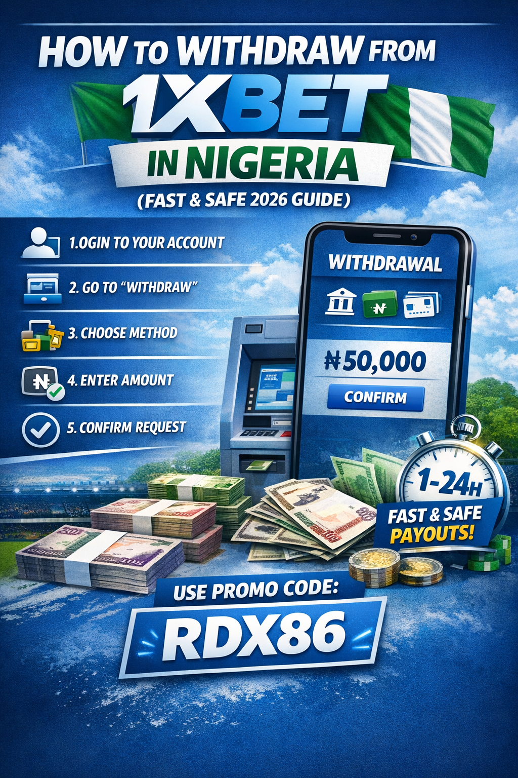 How to withdraw from 1xBet in Nigeria step by step guide showing fast and safe payout process 2026