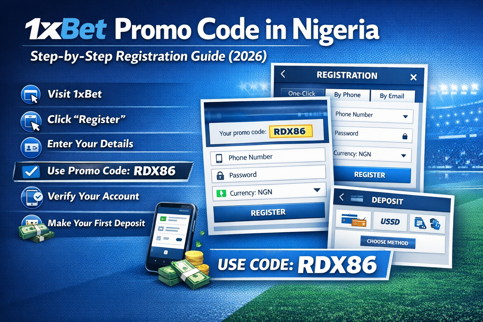 1xBet promo code Nigeria RDX86 registration guide showing step by step signup process 2026