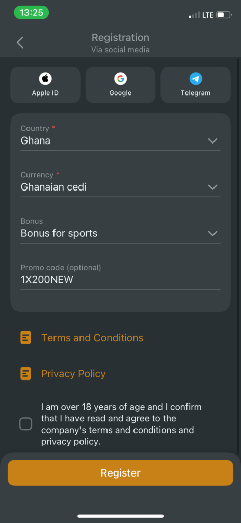 Melbet Ghana mobile signup screen with promo code field