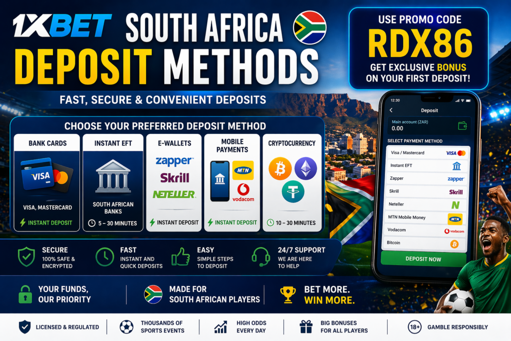 1xBet deposit page showing payment methods
