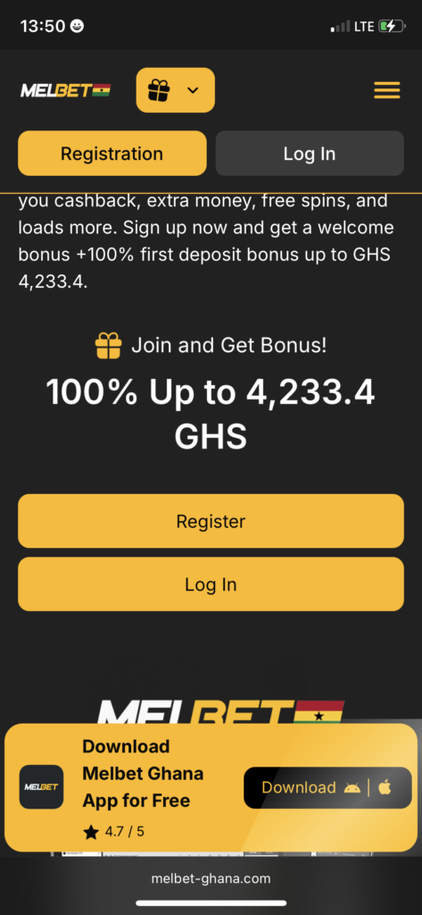 Melbet Ghana login screen.