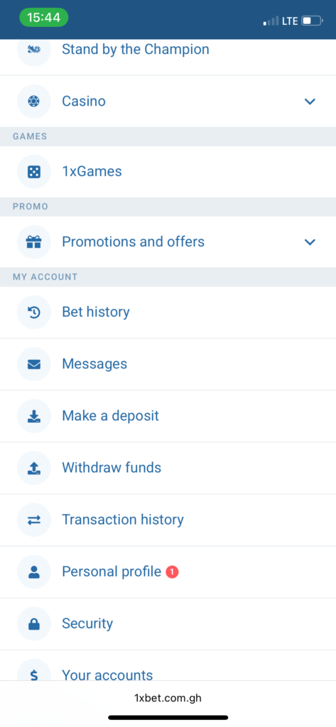1xBet account menu with cashier section highlighted