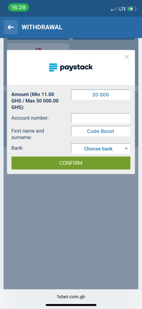 1xBet bank transfer withdrawal form showing account details and amount input