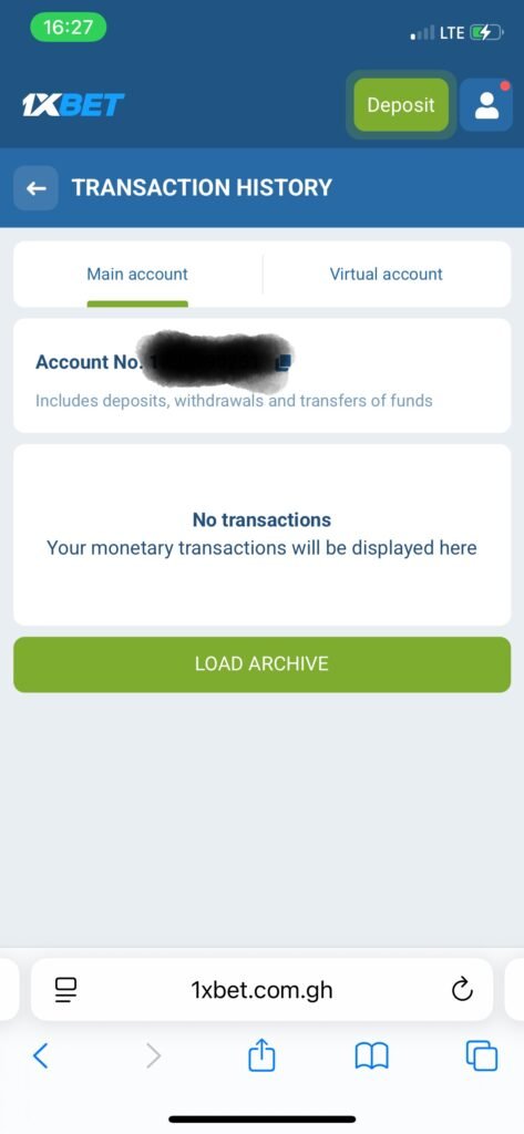 1xBet transaction history page showing pending and completed withdrawals