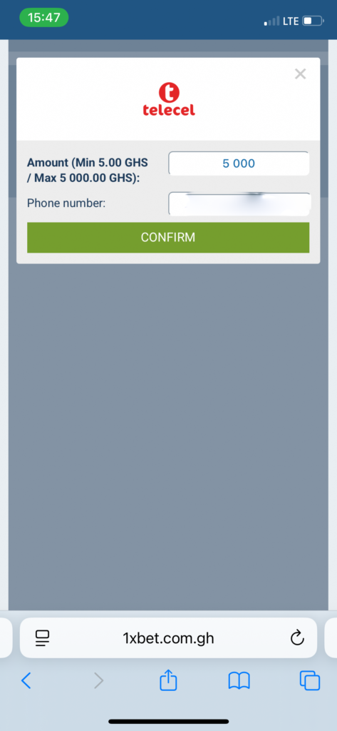 Telecel withdrawal form on 1xBet showing phone number and amount fields